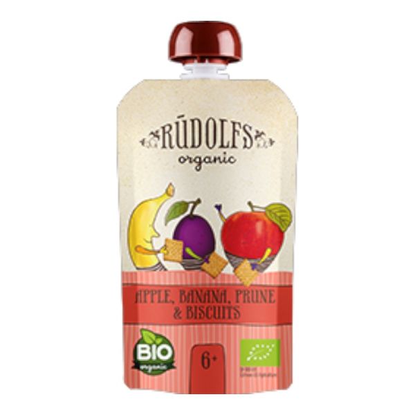 Παιδικός Πουρές με Μήλο, Μπανάνα, Δαμάσκηνο και Μπισκότο