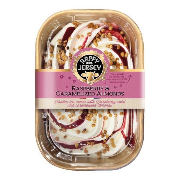 Vanilla Ice Cream with Raspberry and Caramel Almonds